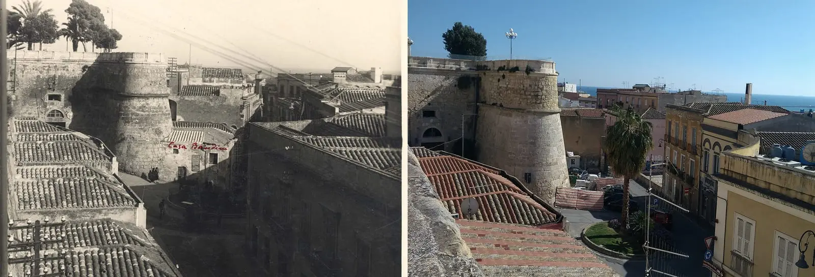 Il torrione del Bastione dello Sperone in una fotografia storica accanto alla stessa veduta di oggi